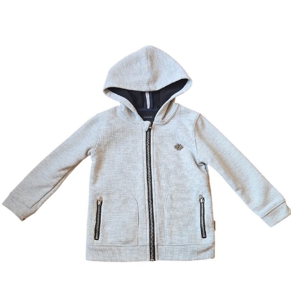 IKKS Grey Waffle Knit Boy's Hoodie Blue Fleece Lining - Size 4Y Zippered Pockets